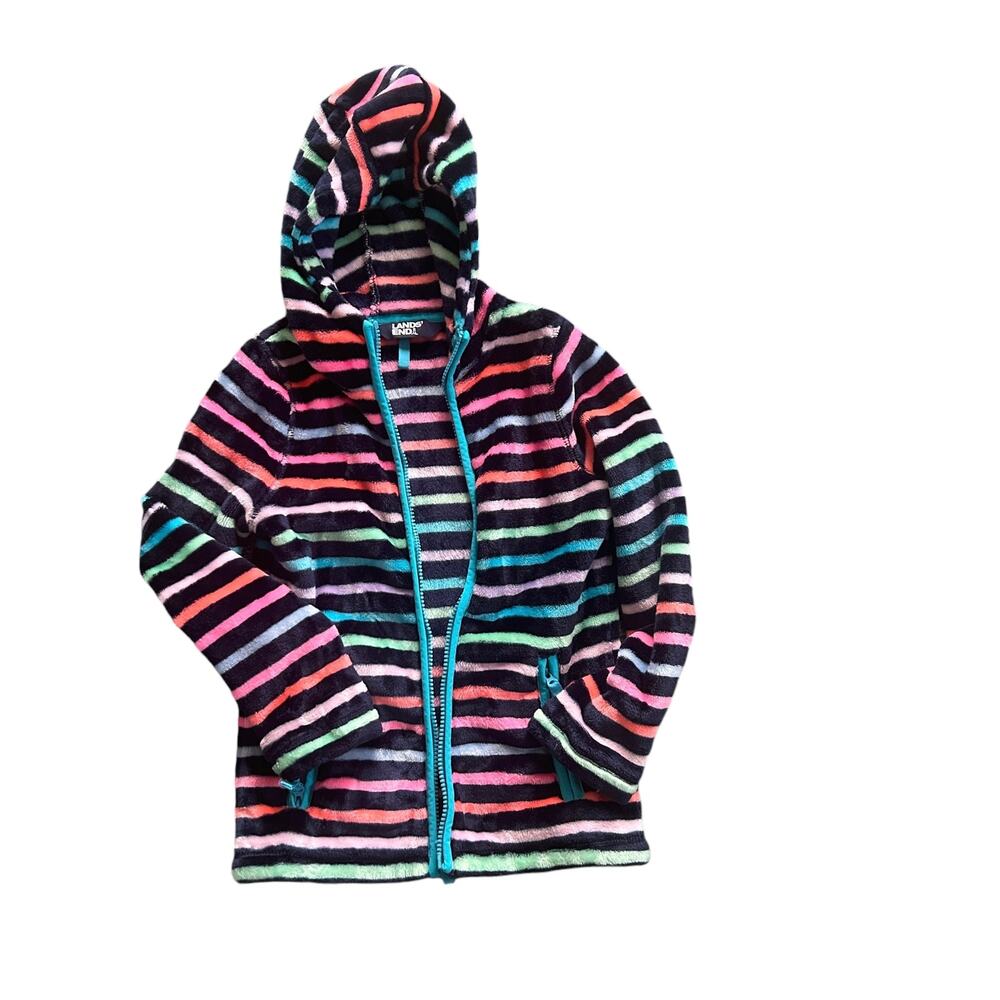 Lands end rainbow striped plush fleece jacket full zip hoodie small 6 7 navy